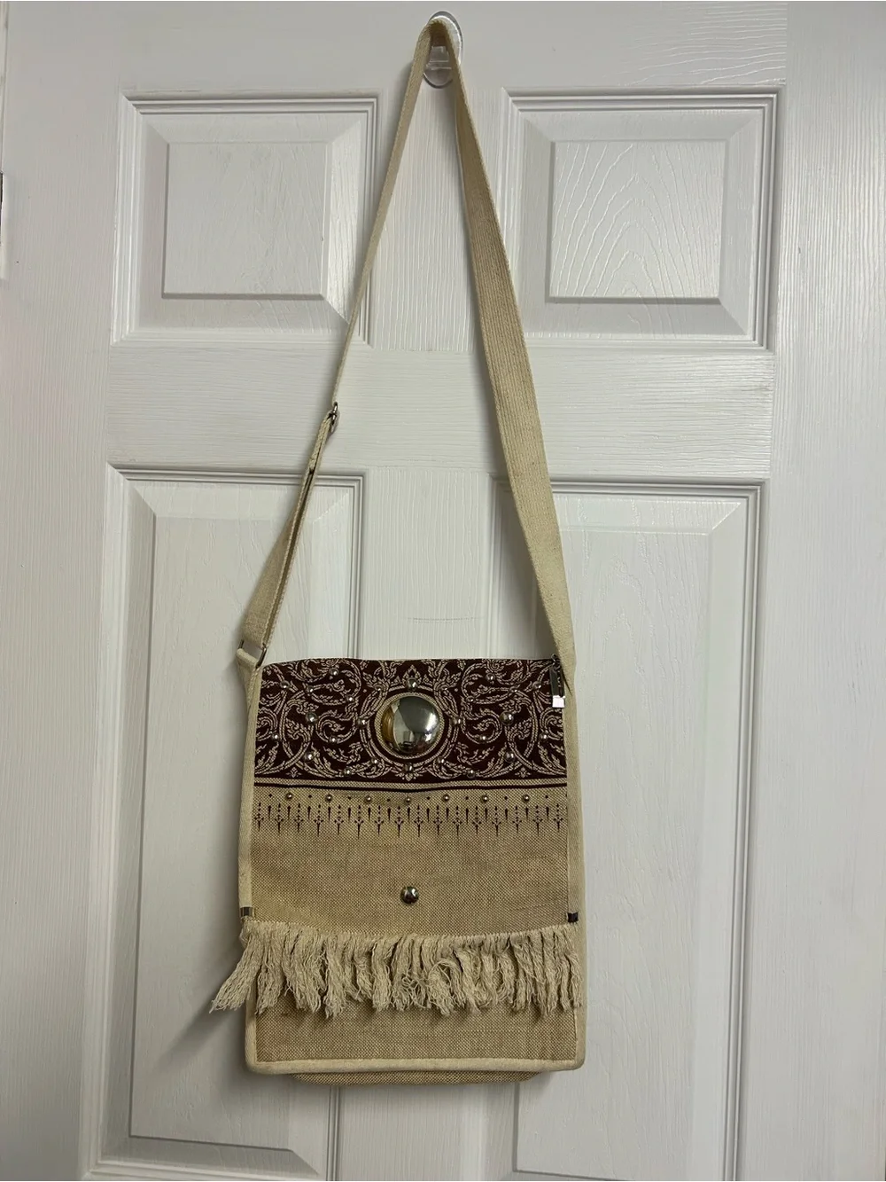 Canvas Fringe Hobo Shoulder Bag in Beige and Brown